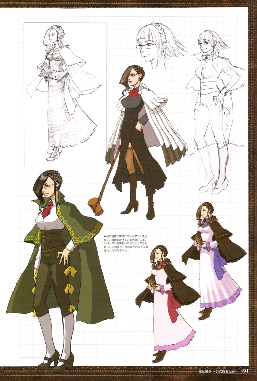 alternate_color, bangs, blunt_bangs, bow, bowtie, braid, brown_hair, brown_legwear, cape, cleavage_cutout, clenched_hand, colored, concept_art, contrapposto, dress, earrings, gavel, glasses, gyakuten_kenji, gyakuten_kenji_2, gyakuten_saiban, hair_over_one_eye, hakari_mikagami, hand_on_hip, high_heels, highres, holding, impossible_clothes, impossible_shirt, iwamoto_tatsurou, jewelry, lipstick, long_dress, makeup, mary_janes, monochrome, multiple_persona, necktie, official_art, page_number, rough, scan, shoes, short_hair, sketch, slender_waist, smile, thigh-highs, translation_request, white_legwear, zettai_ryouiki