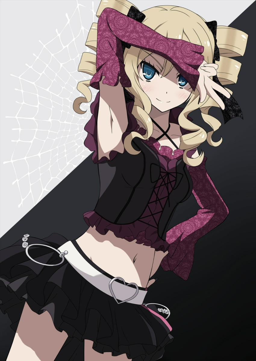 1girl, armpits, blonde_hair, blue_eyes, blush, curly_hair, dairenji_suzuka, frills