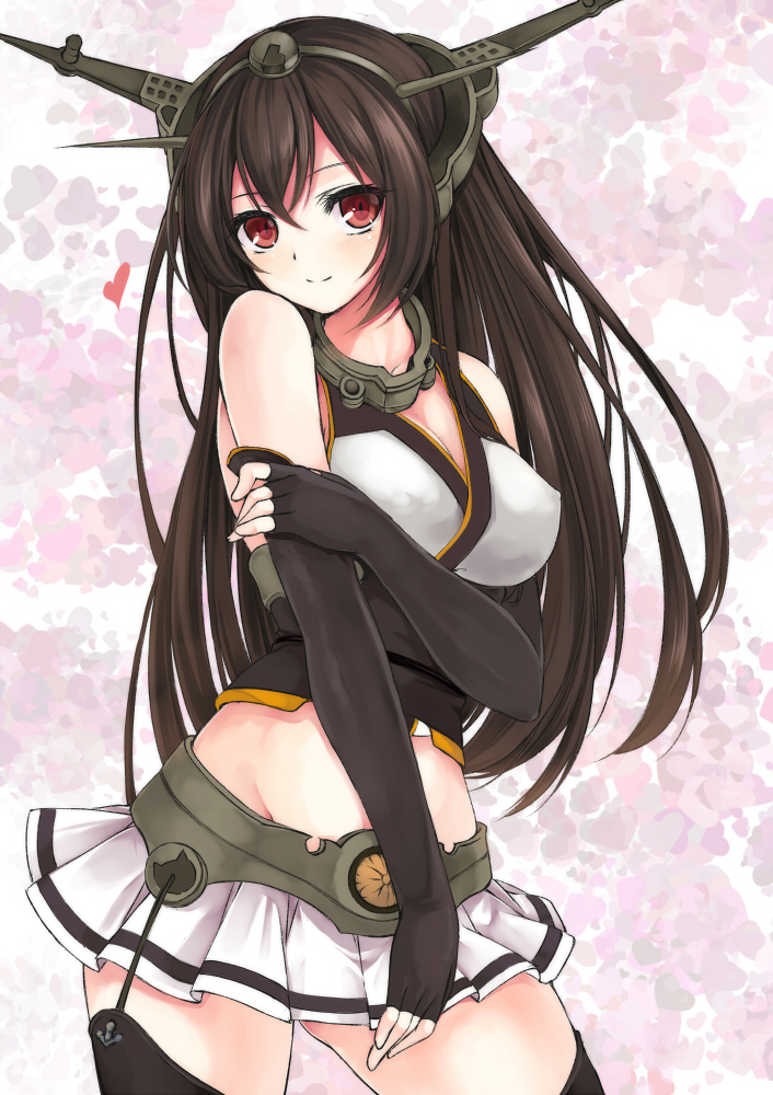 1girl, antennae, black_gloves, black_legwear, breasts, brown_hair, collar, elbow_gloves