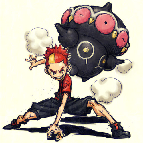 1boy, :d, blonde_hair, buck_(pokemon), claydol, commentary_request, dust_cloud, full_body