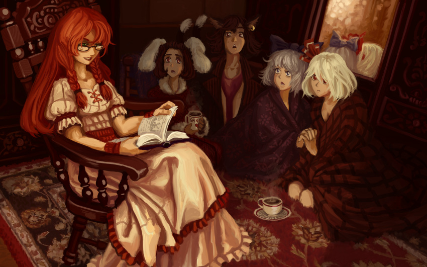 5girls, absurdres, animal_ears, blonde_hair, blue_eyes, blue_hair, book, braid