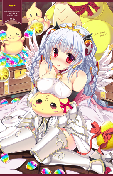 1girl, :3, :p, bare_shoulders, braid, breast_rest, breasts, dragon, hairband, kawai_maria, puzzle_&amp;_dragons, red_eyes, shynee, silver_hair, sitting, smile, stone, tongue, tongue_out, topalit, treasure_chest, twin_braids, valkyrie_(p&amp;d), wariza, wings