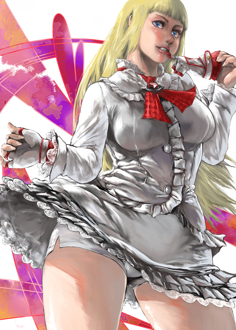 1girl, bike_shorts, biting, blonde_hair, blue_eyes, breasts, contrapposto, detached_collar