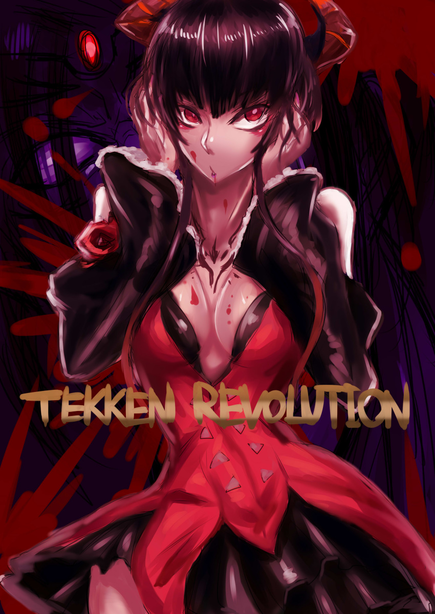 1girl, absurdres, black_hair, blood, blood_on_face, breasts, cleavage, copyright_name