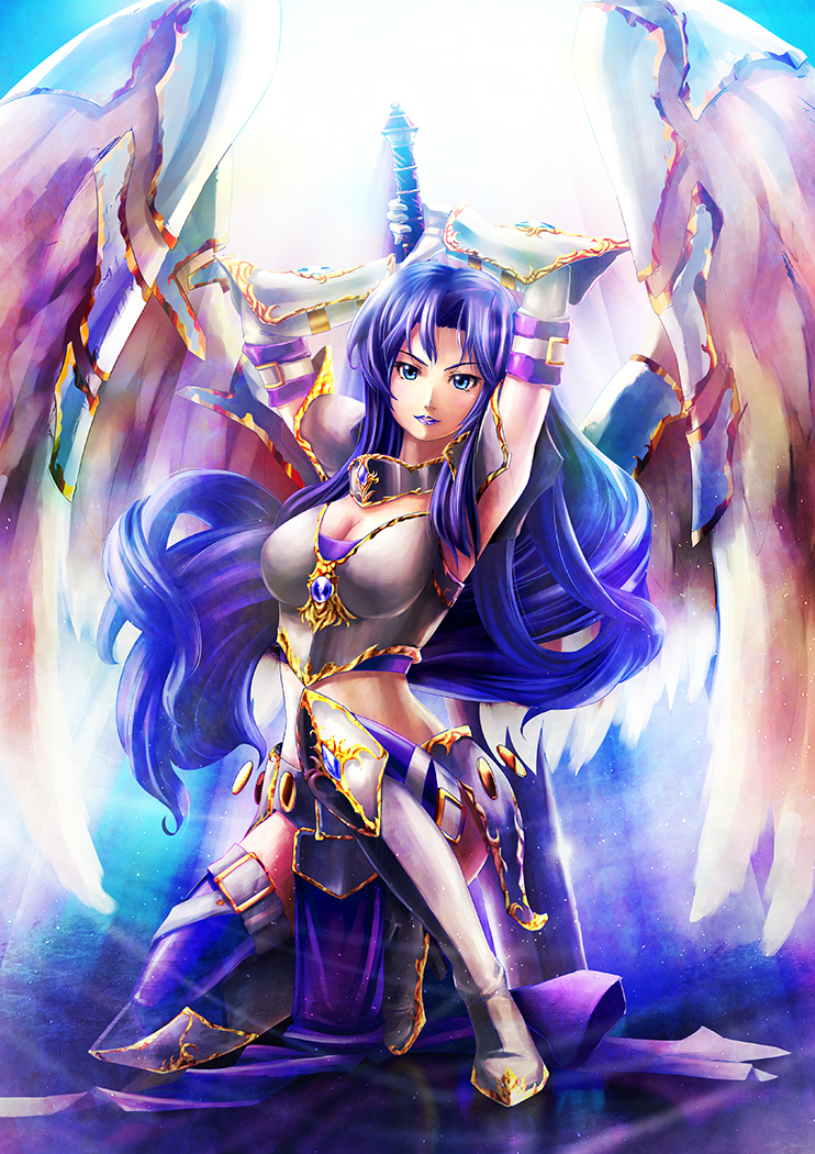 1girl, akroma, angel, armor, long_hair, magic:_the_gathering, nakazawa_dousan, purple_hair
