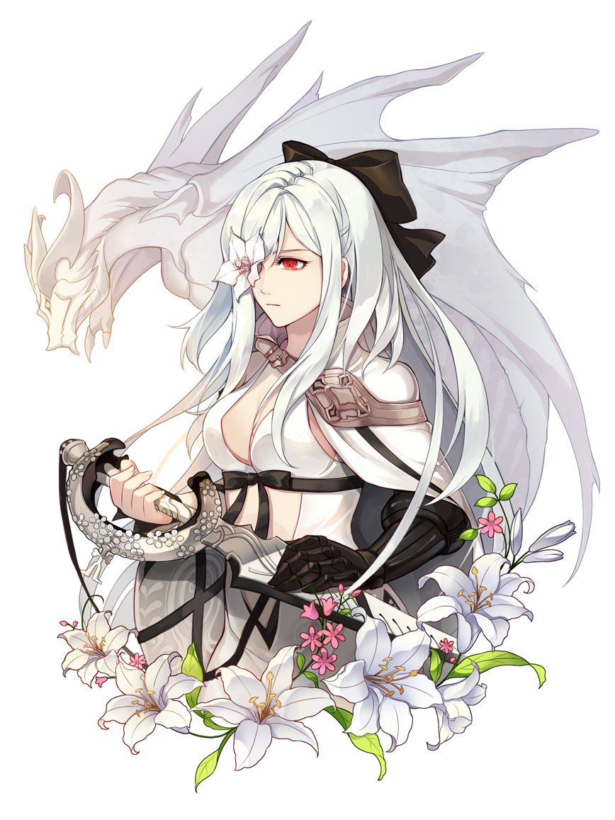 breasts, cleavage, drag-on_dragoon_3, dragon, flower, gauntlets, kllsiren, mikhail_(drag-on_dragoon)