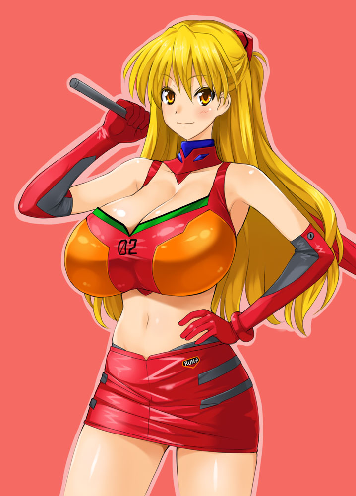 1girl, bare_shoulders, blonde_hair, breasts, brown_eyes, cleavage, elbow_gloves, gloves, hand_on_hip, huge_breasts, jpeg_artifacts, kamia_(not_found), long_hair, midriff, navel, neon_genesis_evangelion, plugsuit, red_background, skirt, solo, souryuu_asuka_langley_(cosplay), umbrella