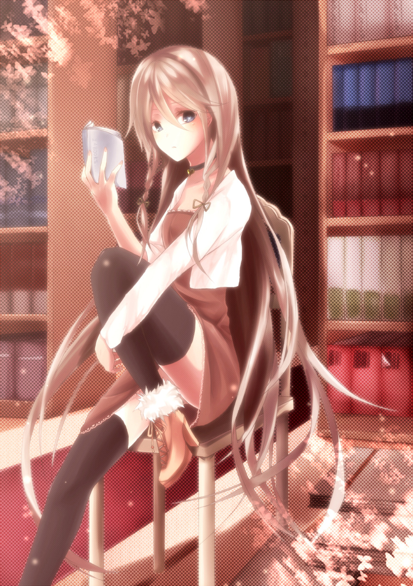 1girl, blonde_hair, blue_eyes, braid, butterfly, choker, frown, high_heel_boots, highres, ia_(vocaloid), long_hair, looking_at_viewer, one_leg_raised, reading, sumiremomo, thigh-highs, twin_braids, vocaloid