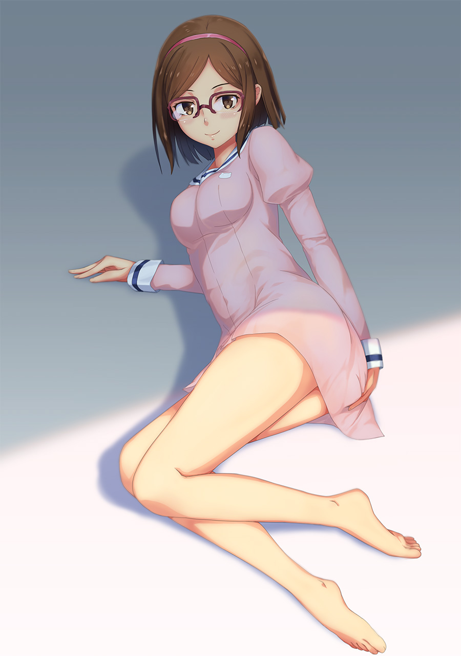 1girl, ass, barefoot, blush, breasts, brown_eyes, brown_hair, dress, glasses, gundam, gundam_build_fighters, hairband, highres, kousaka_china, long_sleeves, lying, over-rim_glasses, red-framed_glasses, semi-rimless_glasses, shacchi, shadow, short_hair, smile, solo