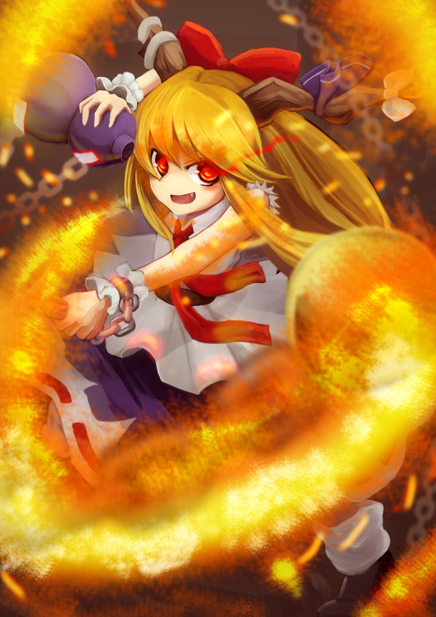 1girl, :d, absurdres, blonde_hair, bottle, bow, fang, fire