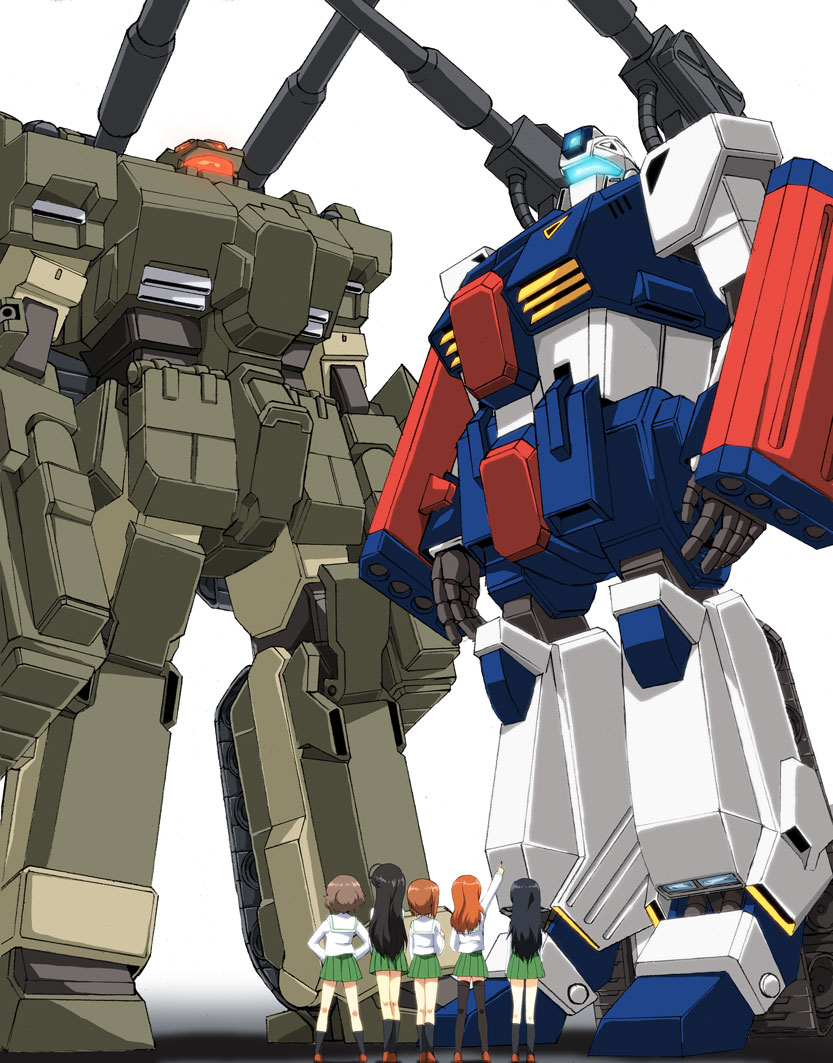 akiyama_yukari, brown_hair, fugakuhyakkei, girls_und_panzer, gun, isuzu_hana, long_hair, mecha, military, mobile_suit, multiple_girls, nishizumi_miho, reizei_mako, school_uniform, serafuku, short_hair, skirt, takebe_saori, uniform, weapon