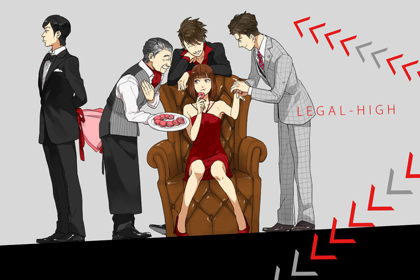 1girl, 4boys, black_hair, bouquet, brown_hair, couch, flower, food, formal, hanyuu_haruki, hattori_(legal_high), i_(kaiyou), kaga_ranmaru, komikado_kensuke, legal_high, macaron, mayuzumi_machiko, multiple_boys, necktie, short_hair, suit