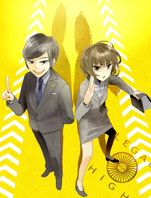 1boy, 1girl, black_eyes, black_hair, book, brown_eyes, brown_hair, formal