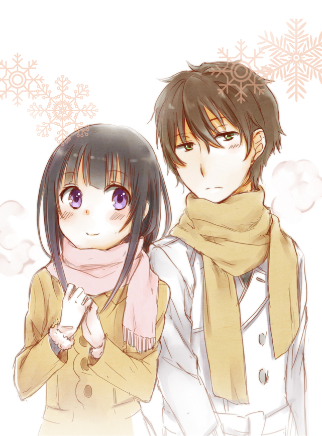 1boy, 1girl, black_hair, brown_hair, chitanda_eru, coat, green_eyes, hyouka