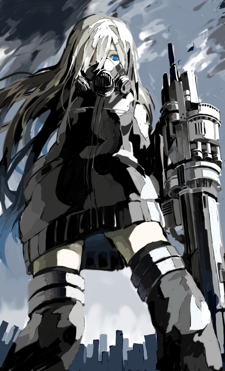 1girl, blank_eyes, blue_eyes, cityscape, clouds, gas_mask, gun, hair_over_one_eye, long_hair, mask, original, respirator, sigmasmail, sky, sweater, thigh-highs, weapon, white_hair, zettai_ryouiki