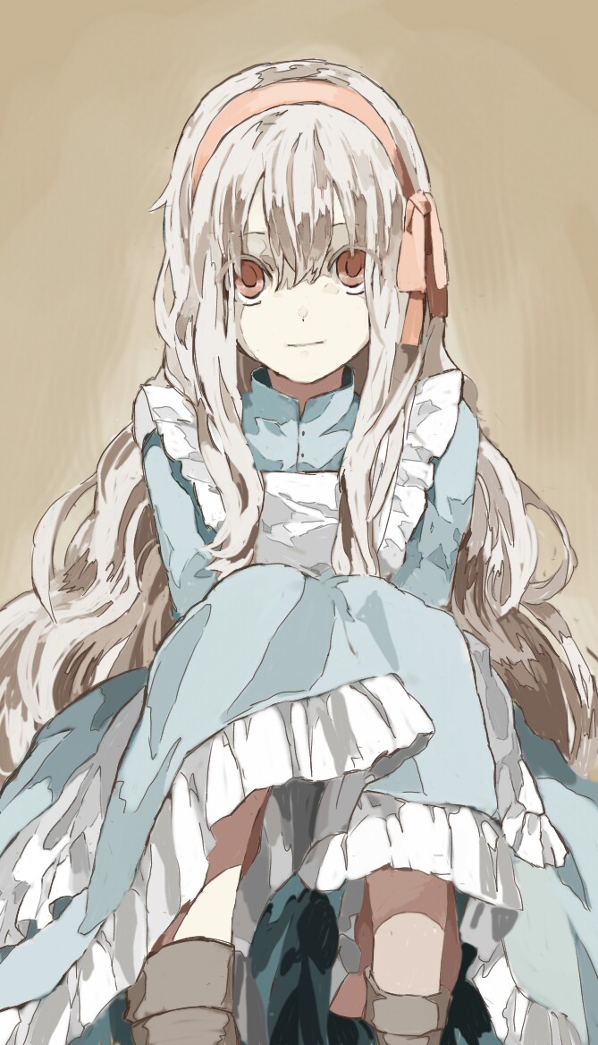 1girl, apron, blank_eyes, dress, grey_hair, hair_ornament, hair_ribbon, hairband