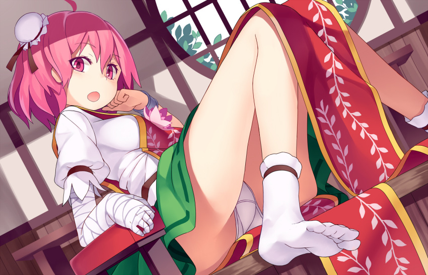 1girl, arm_support, bandages, bun_cover, chair, double_bun, flower, hair_bun