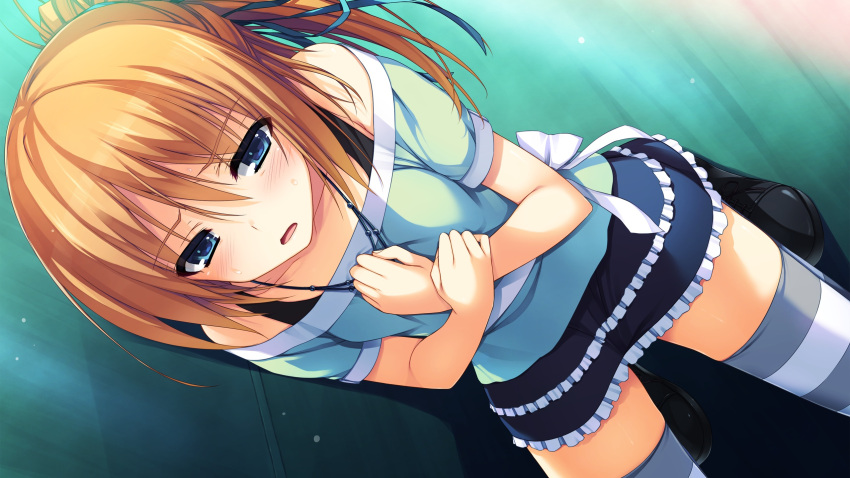 1girl, blue_eyes, blush, game_cg, hair_ribbon, highres, kizuna, long_hair