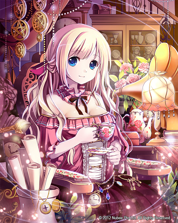 1girl, blonde_hair, blue_eyes, breasts, chair, cleavage, clock, cup