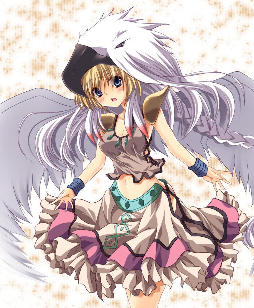 1girl, blonde_hair, blue_eyes, braid, breasts, cleavage, clouds, dress, duel_monster, feathers, guardian_eatos, highres, midriff, shoulder_pads, skirt, takayuuki, wings, yuu-gi-ou, yuu-gi-ou_duel_monsters
