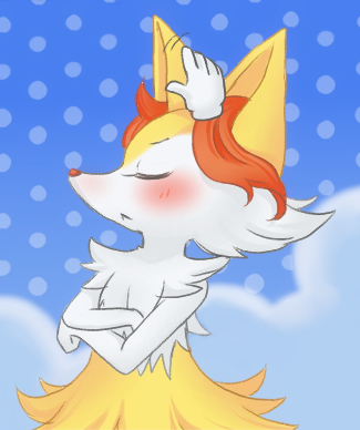 blush, braixen, lowres, no_humans, petting, pokemon, pokemon-amie, pokemon_(creature)