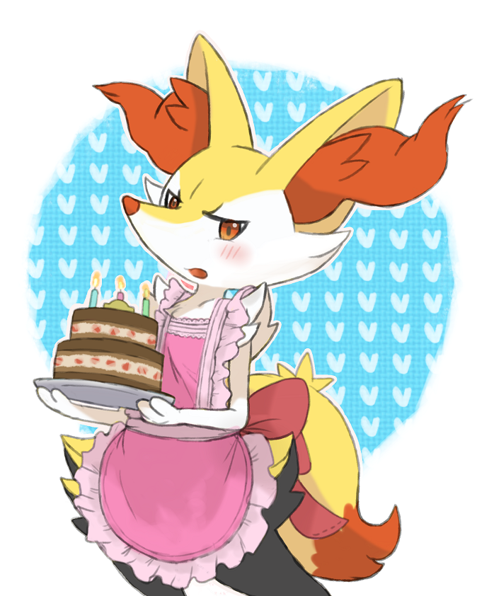 apron, blush, braixen, cake, food, no_humans, pokemon, pokemon_(creature), pokemon_(game), pokemon_xy, shida_shokubutsu