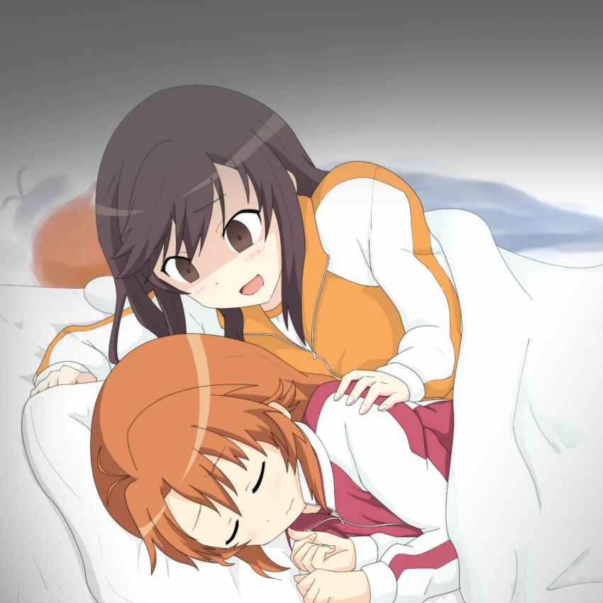 2girls, black_hair, blush, brown_eyes, brown_hair, drooling, empty_eyes, highres