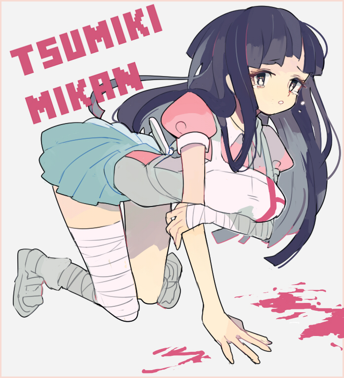 1girl, all_fours, apron, asymmetrical_hair, asymmetrical_legwear, bandages, bangs, black_hair, blood, breasts, character_name, crying, crying_with_eyes_open, dangan_ronpa, large_breasts, long_hair, pikaro, pleated_skirt, puffy_short_sleeves, puffy_sleeves, short_sleeves, simple_background, skirt, solo, super_dangan_ronpa_2, tears, tsumiki_mikan