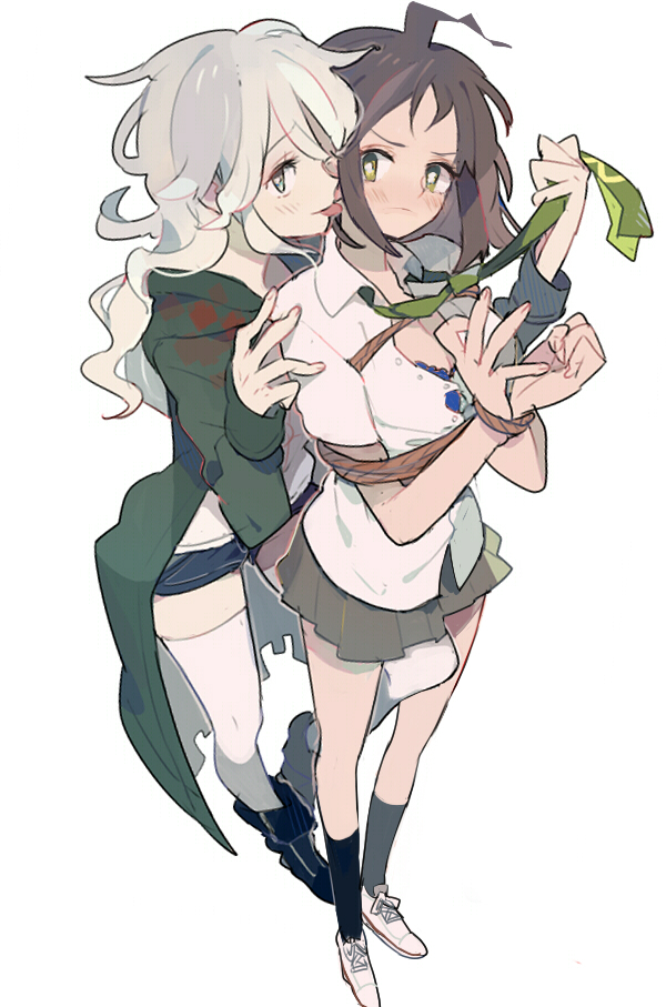 2girls, ahoge, blue_eyes, blush, boots, brown_hair, camisole, dangan_ronpa