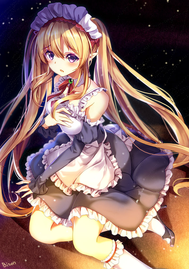 1girl, artist_name, bisonbison, brown_hair, dress, elf, frills, long_hair, looking_at_viewer, maid, maid_headdress, myuseru_foaran, outbreak_company, pointy_ears, solo, twintails, violet_eyes