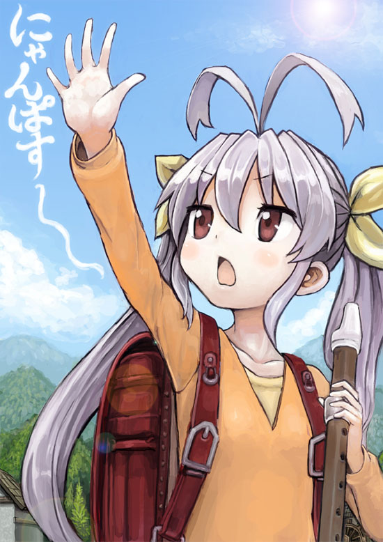 1girl, antenna_hair, backpack, bag, clouds, collarbone, gaihan_umeboshi_mitchell, instrument