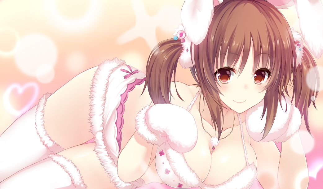 1girl, animal_costume, animal_ears, breasts, brown_eyes, brown_hair, bunny_costume, cleavage