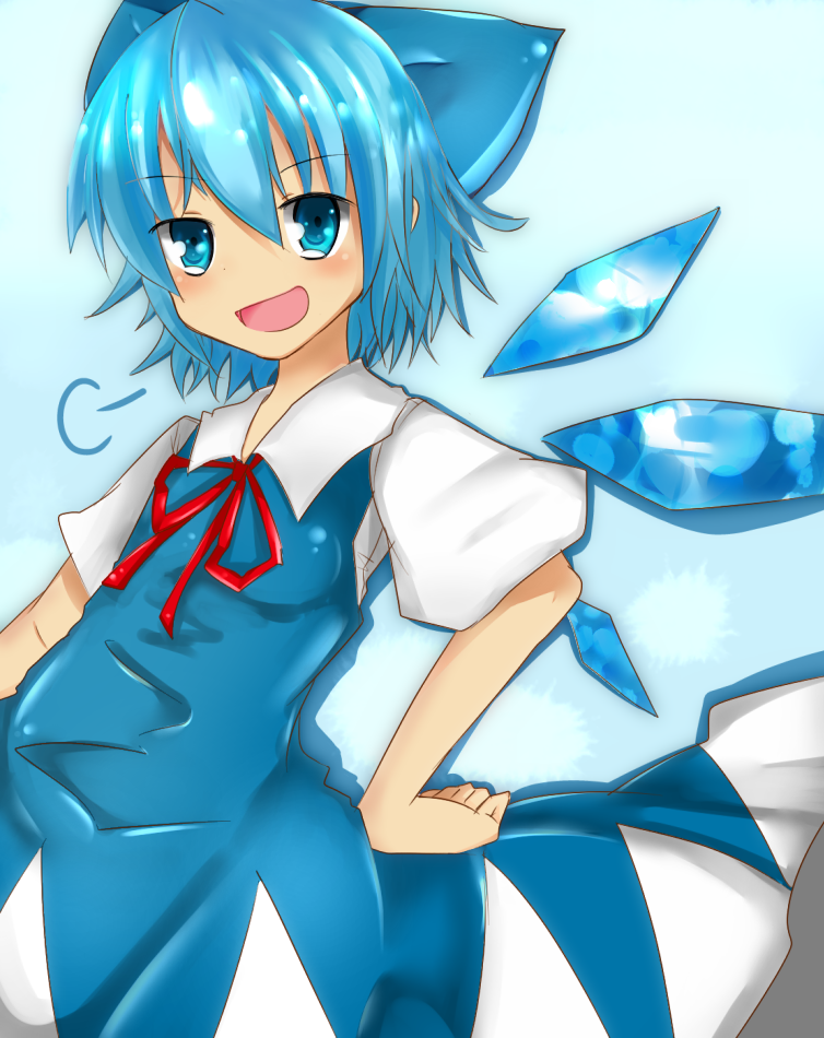 1girl, aqua_eyes, blue_hair, bow, cirno, detached_wings, dress, hiraken_2012, ice, ice_wings, neck_ribbon, open_mouth, ribbon, sigh, smile, smug, solo, touhou, wings