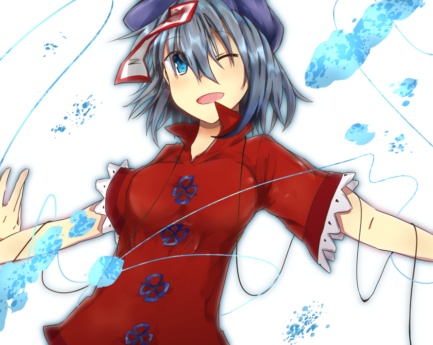 1girl, aqua_eyes, blue_hair, hat, hiraken_2012, miyako_yoshika, ofuda, open_mouth, outstretched_arms, smile, solo, thread, touhou, wink, zombie