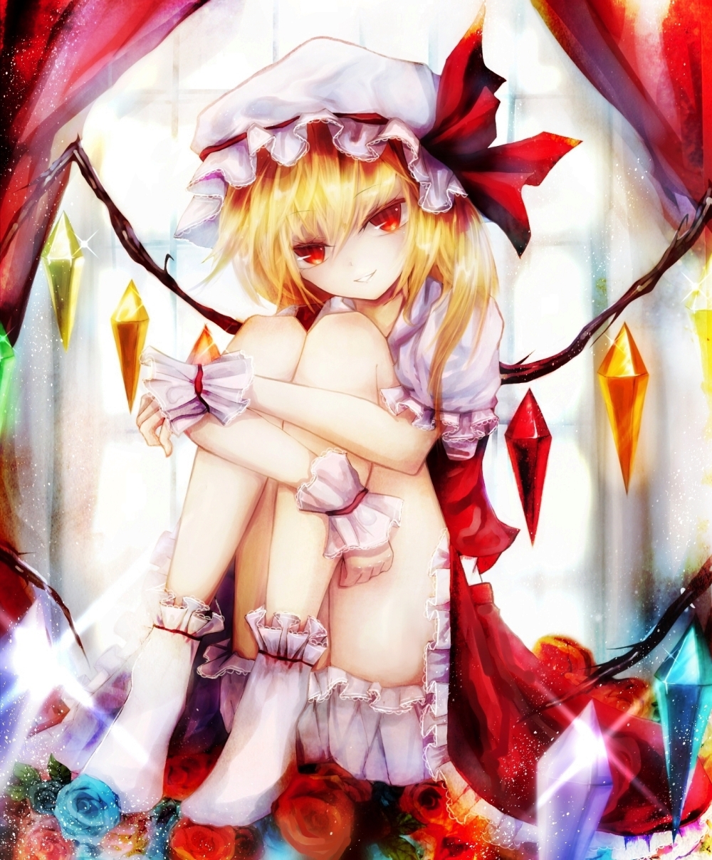 1girl, basilis9, blonde_hair, bloomers, blue_rose, curtains, dress, flandre_scarlet