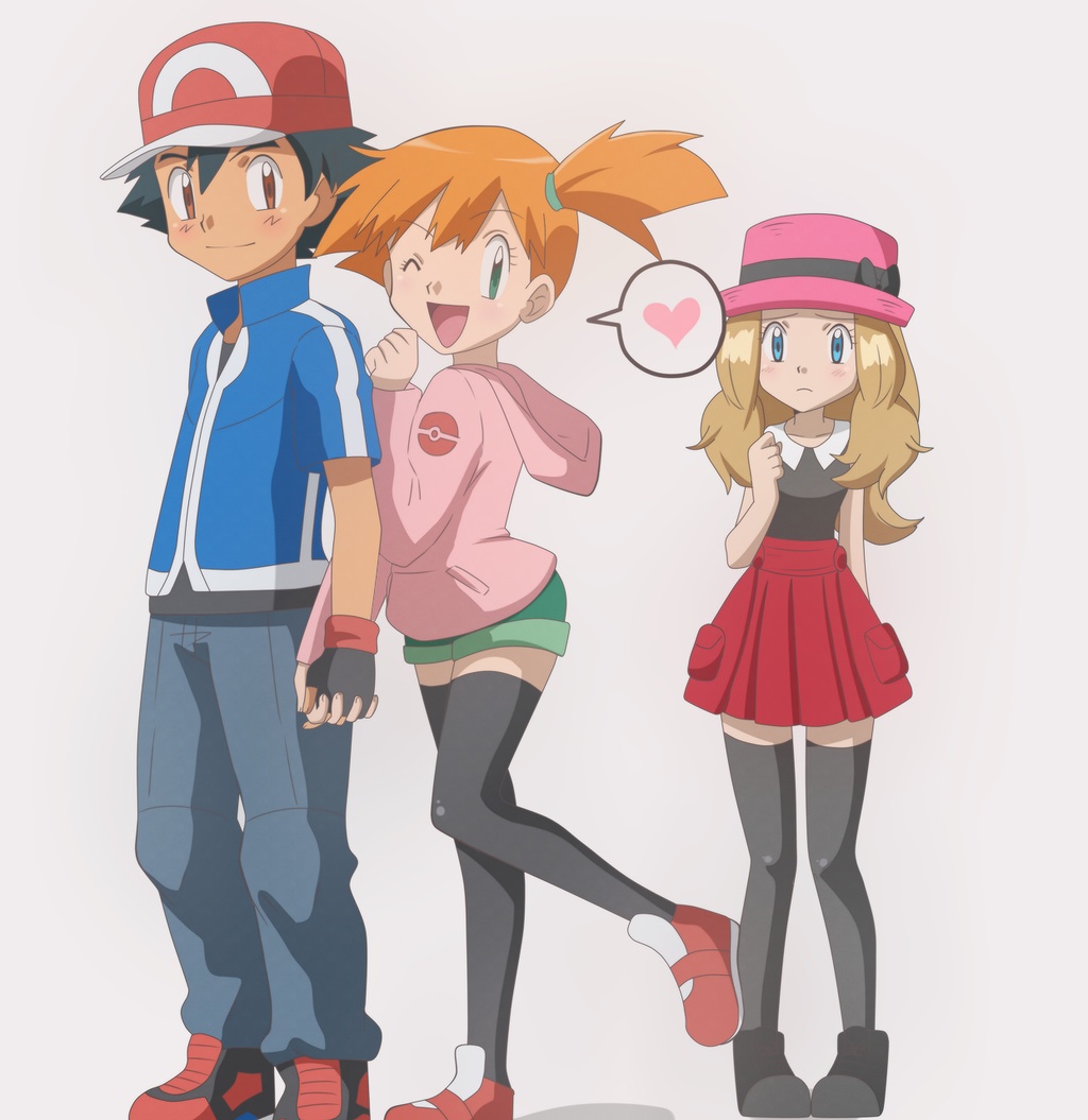 1boy, 2girls, artist_request, ash_ketchum_(pokemon), black_hair, black_legwear, blue_eyes, brown_eyes