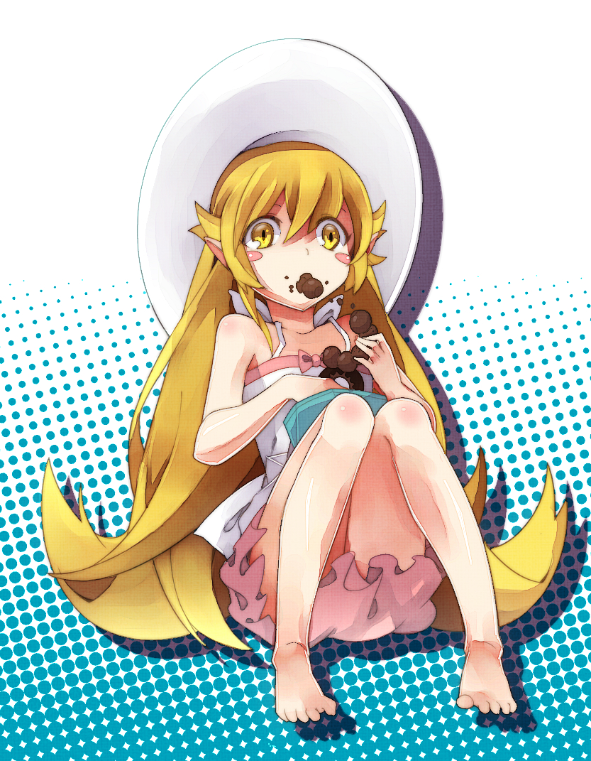 bakemonogatari, barefoot, blonde_hair, blush_stickers, doughnut, dress, eating, food