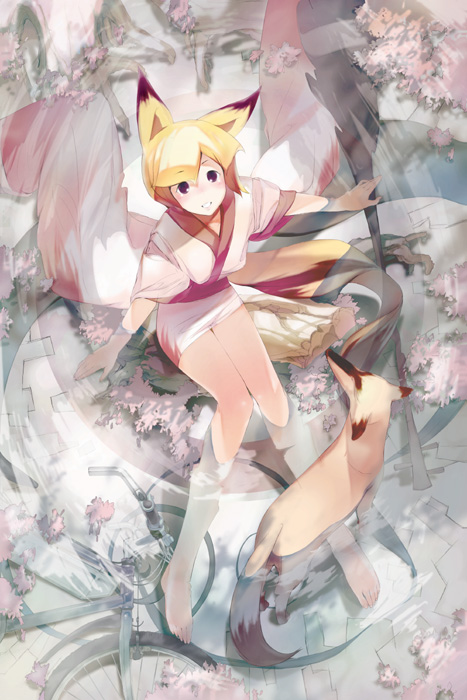 bare_feet, barefoot, bicycle, blonde_hair, brown_eyes, fox, fox_ears, japanese_clothes