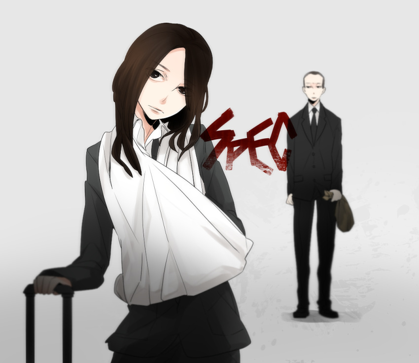 1boy, 1girl, arm_sling, bag, bandages, black_eyes, black_hair, brown_hair, cast, chiccccca, formal, long_hair, necktie, paper_bag, sebumi_takeru, short_hair, spec, suitcase, touma_saya, very_short_hair