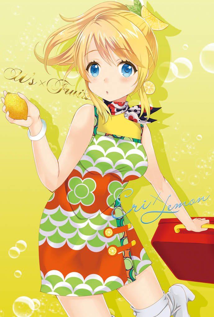 1girl, apron, ayase_eli, bandana, blonde_hair, blue_eyes, dress, gyoniku_sausage_funsai_gyokurocha