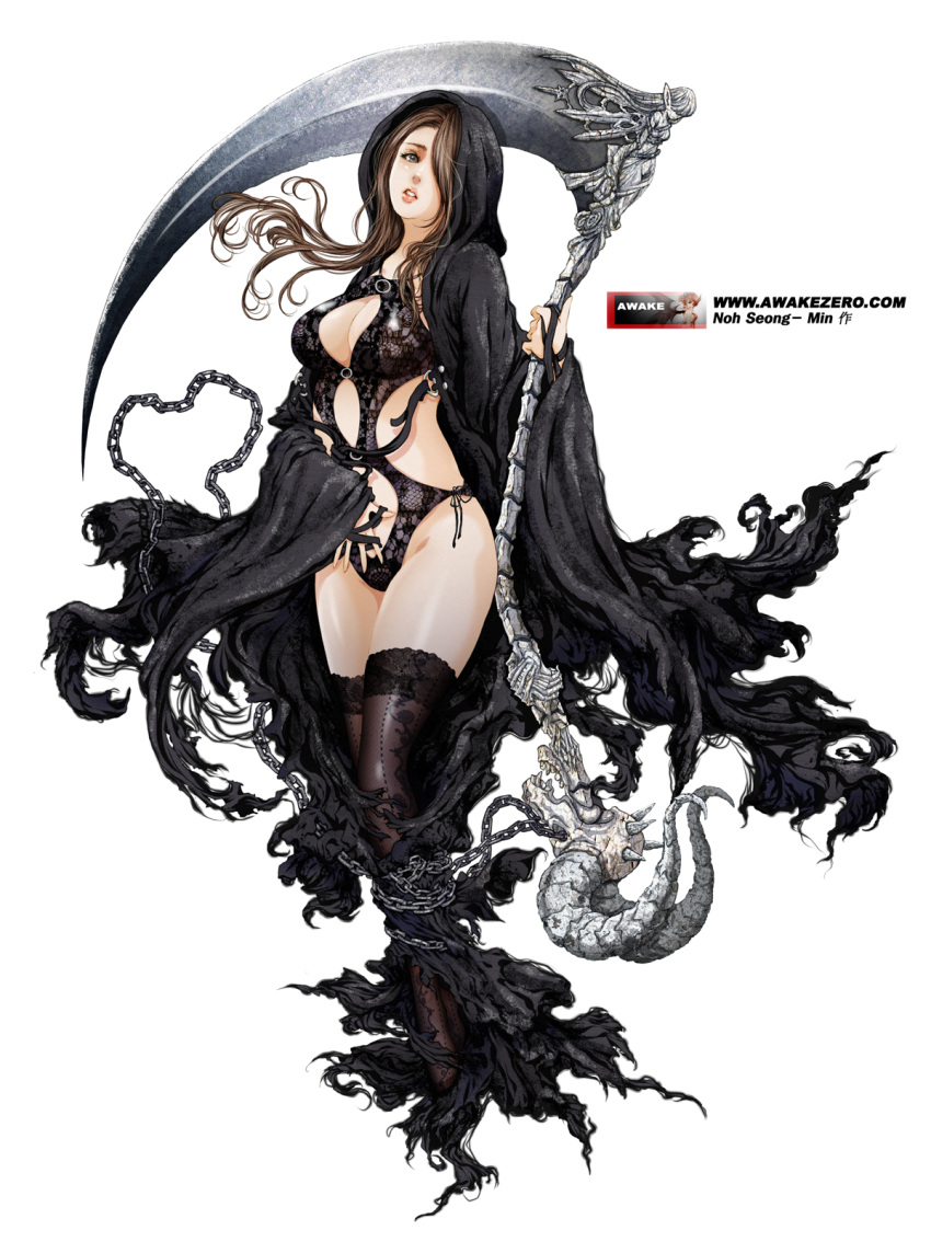 artist_name, black_eyes, breasts, brown_hair, chain, cleavage, cloak, hair_over_one_eye, highres, hooded_cloak, large_breasts, long_hair, noh_seong-min, original, scythe, thighhighs, watermark