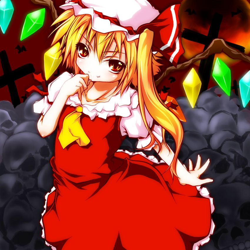 blonde_hair, fang, flandre_scarlet, harushioto, haruyonoto, highres, orange_eyes, solo