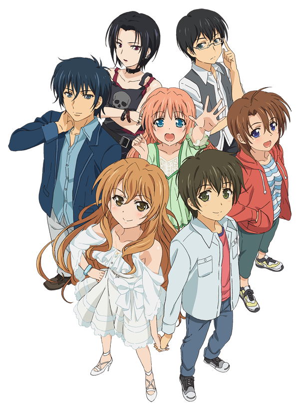 3boys, 4girls, arm_up, blush, collarbone, dress, everyone, foreshortening, from_above, glasses, golden_time, hasegawa_shin'ya, hayashida_nana, hoodie, jacket, jeans, kaga_kouko, looking_at_viewer, looking_up, multiple_boys, multiple_girls, nana-senpai_(golden_time), official_art, oka_chinami, satou_takaya, shoes, simple_background, skull, tada_banri, transparent_background, vest, yanagisawa_mitsuo