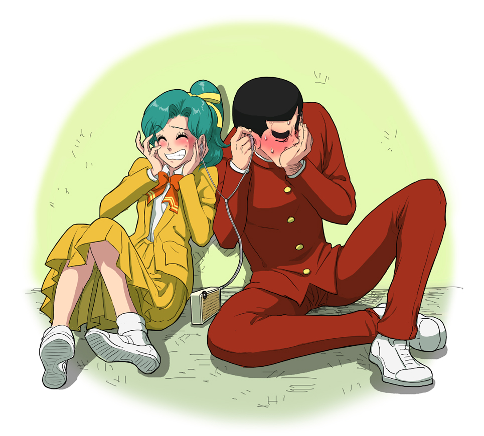 1boy, 1girl, 80s, black_hair, blush, couple, earphones, green_hair, grin, hetero, high_school!_kimengumi, nika_(nikasa_an), oldschool, ponytail, radio, reietsu_gou, school_uniform, shared_earphones, short_hair, smile, uru_chie, very_short_hair