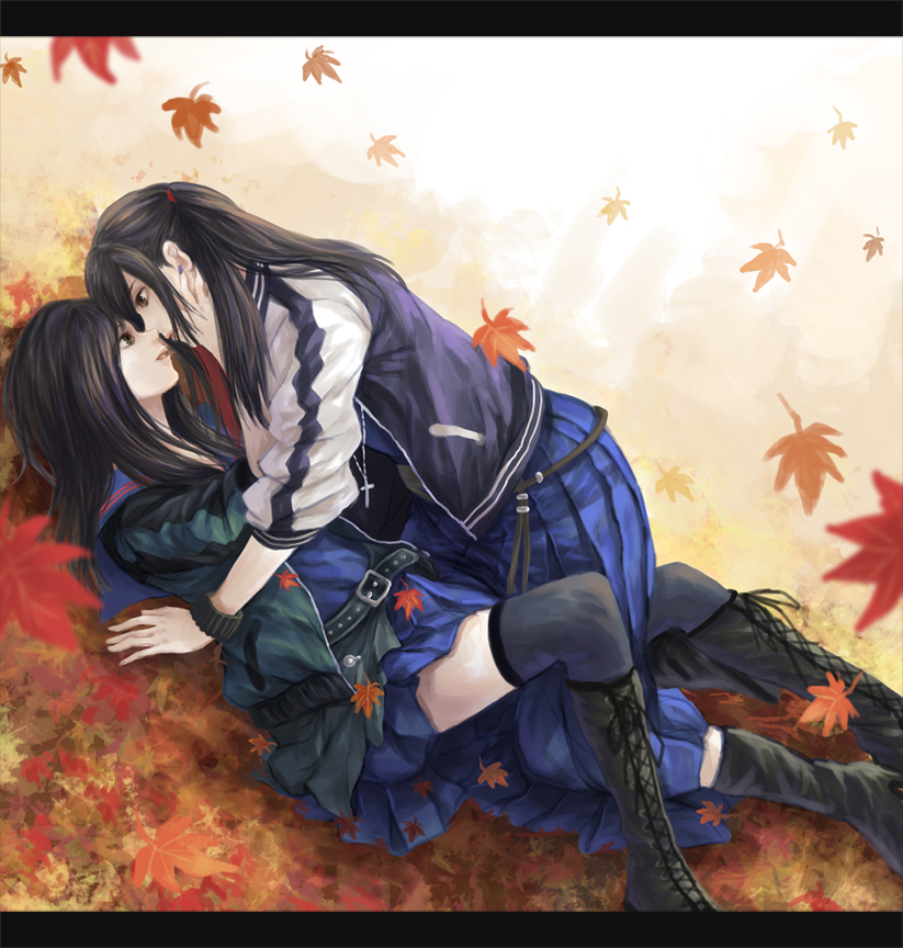 2girls, akb48, autumn_leaves, belt, black_(majisuka_gakuen), black_boots, black_hair, blue_skirt