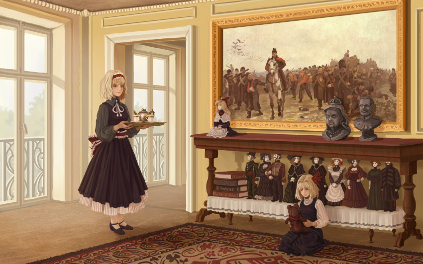 2girls, absurdres, alice_margatroid, book, carpet, doll, dress, frills, gun, highres, horse, military, military_uniform, multiple_girls, painting, rack, ribbon, rumia, scarf, shanghai_doll, shotgun, stuffed_animal, stuffed_toy, teddy_bear, touhou, u-joe, uniform, victorian, weapon, white_horse, window