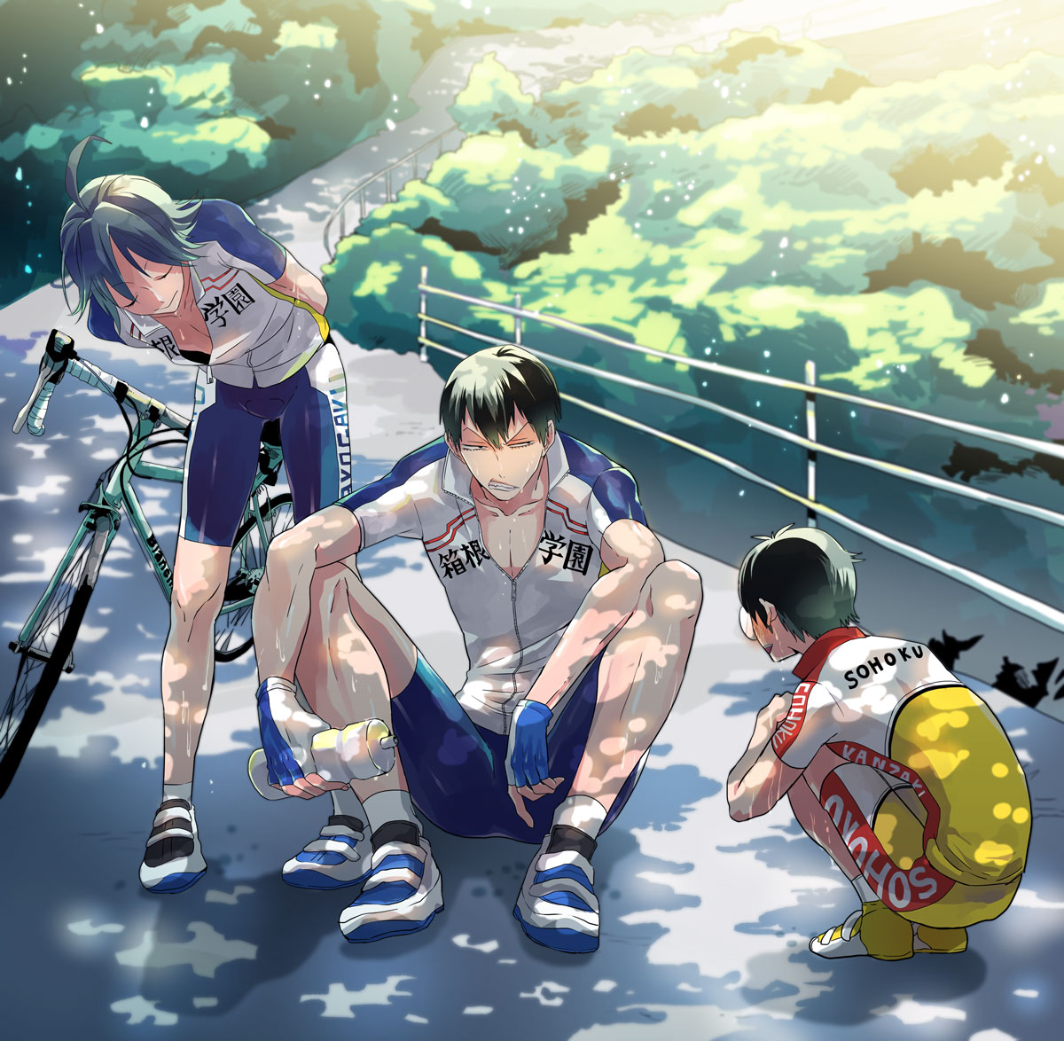 3boys, ahoge, arakita_yasumoto, bicycle, bike_shorts, blush, bottle, fingerless_gloves