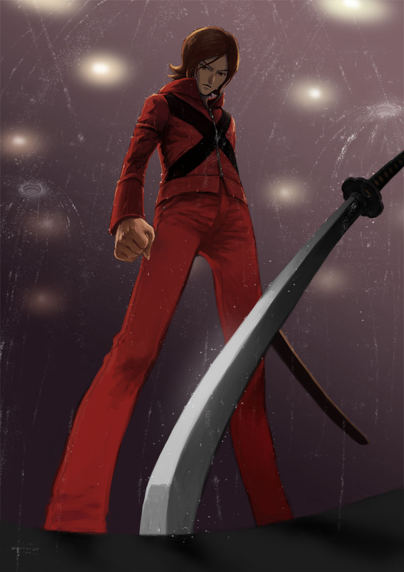 1boy, brown_hair, jacket, katana, persona, persona_2, planted_sword, planted_weapon
