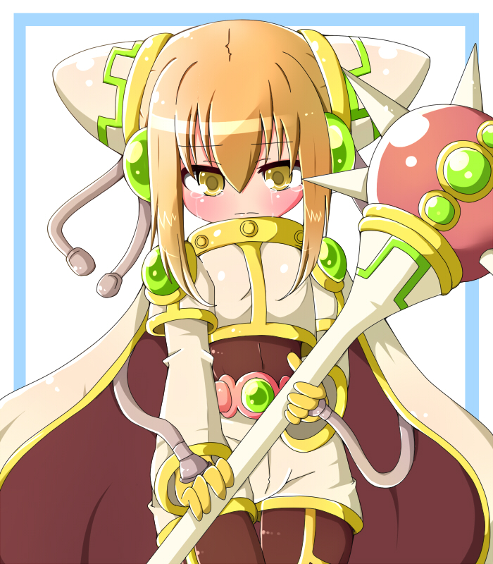 1girl, blonde_hair, blush, cape, duel_monster, esper_girl, hair_ornament, looking_at_viewer