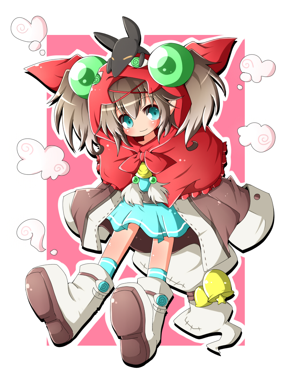 1girl, aqua_eyes, bell, blush, boots, brown_hair, duel_monster, highres